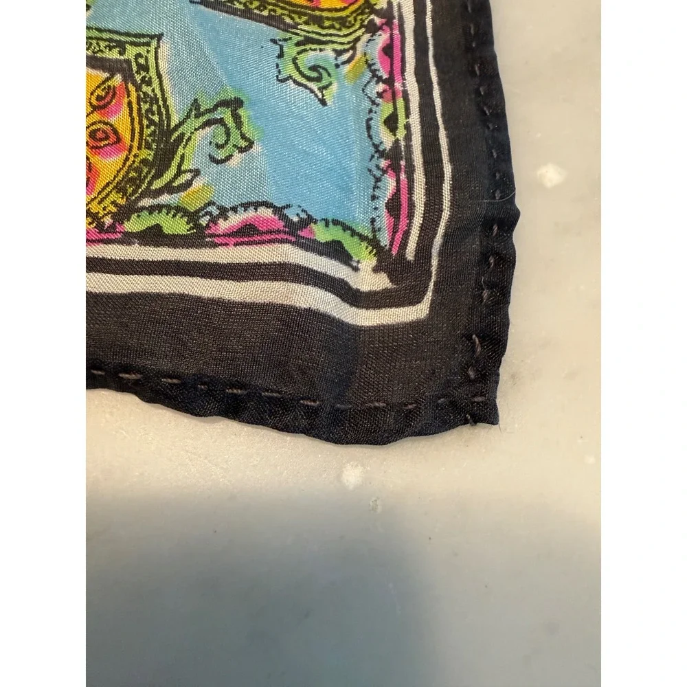 Vintage Paisley Geometric Silk Scarf Pocket Square Multicolor Retro Boho 17x16